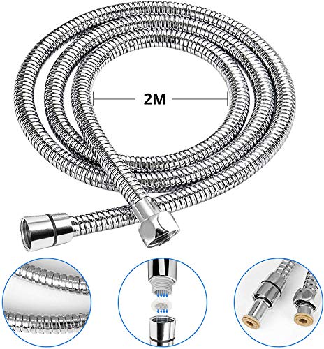 Magcubic Manguera de ducha de 2m, Flexible Universal Tubería de ducha de acero inoxidable A prueba de Explosiones, Anti-torsión y anticorrosión, Cifrado de doble bucle, Cromado (G1/2)