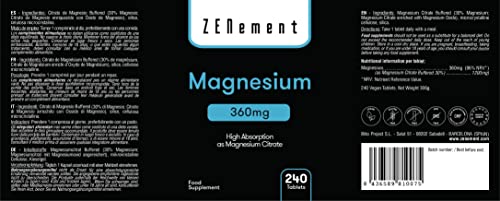 Magnesio, 360 mg, 240 Comprimidos | ayuda a los sistemas psíquico, nervioso, muscular y óseo | de Zenement