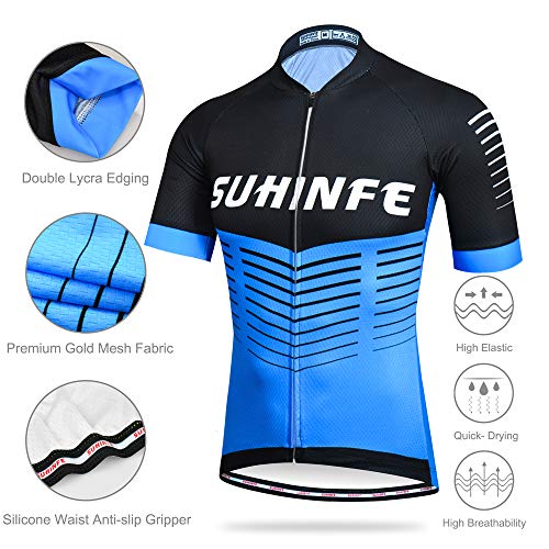 Maillot Ciclismo Hombre Verano, Ropa Ciclismo Manga Corta con Cremallera Completa y 3 Bolsillos Traseros y Culotte Ciclismo para MTB, Azul, L