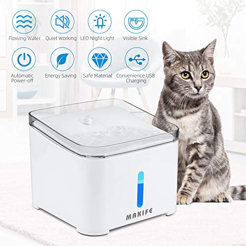 Makife Fuente para Gatos y Perros, 2L Mascotas Bebedero Automático Fuente de Agua con 2 Filtros de Repuesto, LUZ en Noche y Silencioso 15pcs Bolsas de Basura