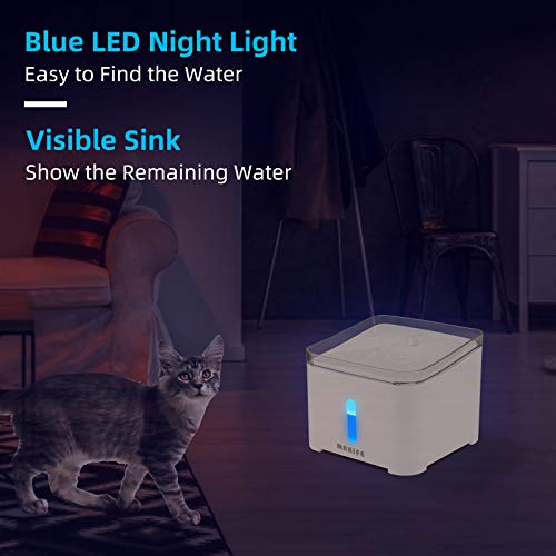 Makife Fuente para Gatos y Perros, 2L Mascotas Bebedero Automático Fuente de Agua con 2 Filtros de Repuesto, LUZ en Noche y Silencioso 15pcs Bolsas de Basura