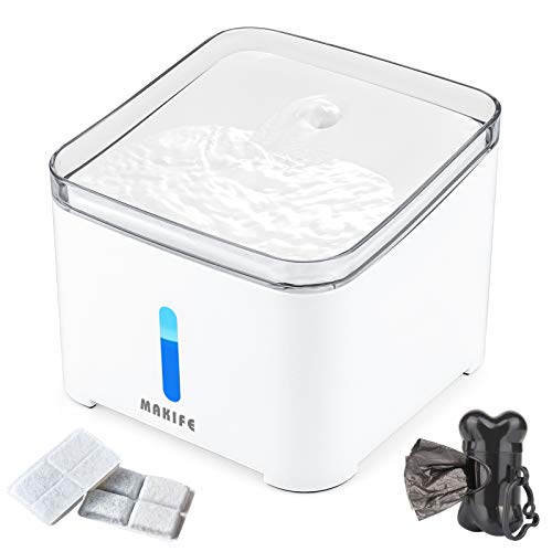 Makife Fuente para Gatos y Perros, 2L Mascotas Bebedero Automático Fuente de Agua con 2 Filtros de Repuesto, LUZ en Noche y Silencioso 15pcs Bolsas de Basura