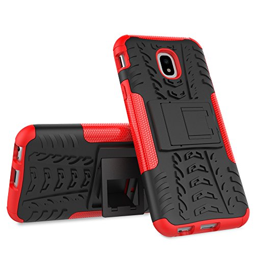 MAMA MOUTH Galaxy J3 2017 / J330 Funda, Heavy Duty Silicona híbrida con Soporte Cáscara de Cubierta Protectora de Doble Capa Funda Caso para Samsung Galaxy J3 2017 / J330 Smartphonene,Rojo