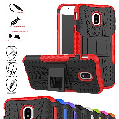 MAMA MOUTH Galaxy J3 2017 / J330 Funda, Heavy Duty Silicona híbrida con Soporte Cáscara de Cubierta Protectora de Doble Capa Funda Caso para Samsung Galaxy J3 2017 / J330 Smartphonene,Rojo