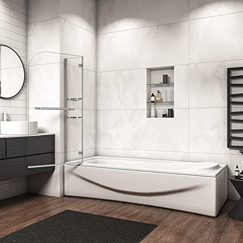 Mamparas de Bañera Biombo de Baño Abatible Cristal Templado 5 MM Estante Toallero, 120x140 CM