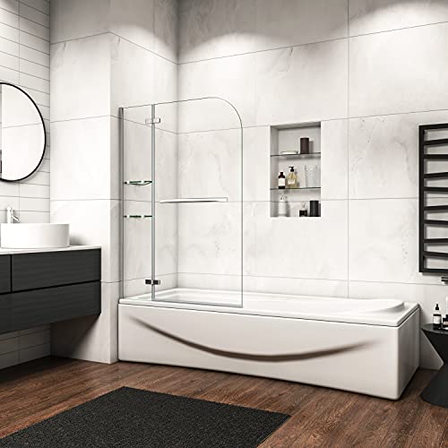 Mamparas de Bañera Biombo de Baño Abatible Cristal Templado 5 MM Estante Toallero, 120x140 CM