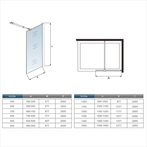 Mamparas de Ducha Frontales Puerta Fijo WALK IN Antical 8mm Cristal Barra 70cm-120cm 120x200cm