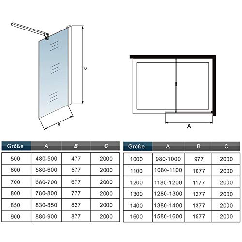 Mamparas de Ducha Pantalla Panel Fijo Perfil Negro Cristal Antical 8mm Barra 70-120cm - 110x200cm