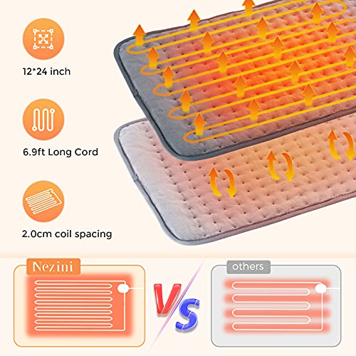 Manta Eléctrica 30×60cm Almohadilla Eléctrica Térmica apagado automático de 2h, Manta Térmica Eléctrica con 6 Niveles de Calentamiento y 4 Temporizadores para Espalda, Cuello, Hombros(Gris)