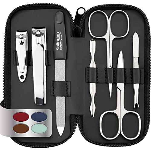 marQus set manicura de 7 piezas de Solingen Alemania - Set de manicura y pedicura en estuche, 2 tijeras, 2 cortaúñas, lima, retira-cutículas y pinza, para él y ella - cortauñas hombre y mujer