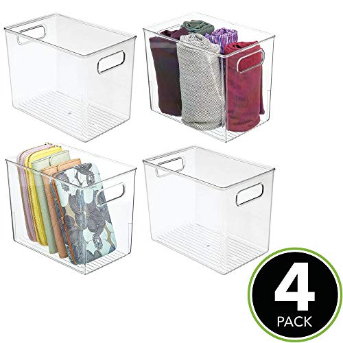 mDesign Juego de 4 cajas de almacenaje con asas – Organizador de plástico para guardar ropa, zapatos, etc. – También ideal como cesta organizadora de artículos de oficina y manualidades – transparente