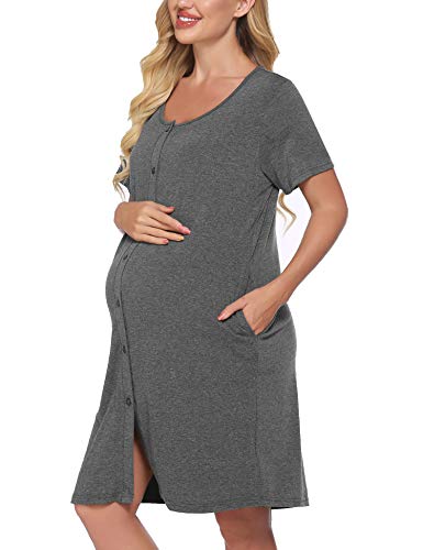 Meaneor Vestido de Maternidad Camisón de enfermería Mujeres Pijamas Superiores de Maternidad Ropa de Dormir Blusa Superior Top con Bufanda para Mujeres Embarazadas Gris XXL