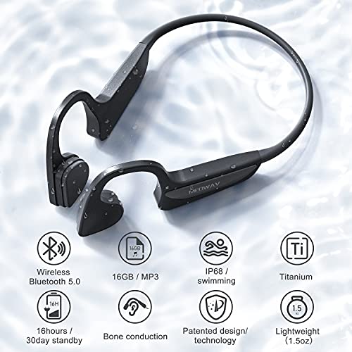 MEOWAV Auriculares Conduccion Osea Bluetooth 5.0 Cascos Deportivos Inalámbricos con Micrófonos IP68 Impermeable 16G Memoria 16 Horas Reproductor de MP3 (Black)