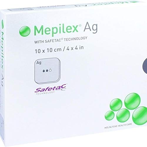 Mepilex Ag 287110 Ag - Apósito de espuma antimicrobiana de silicona sin bordes, 10 cm x 10 cm (paquete de 5)