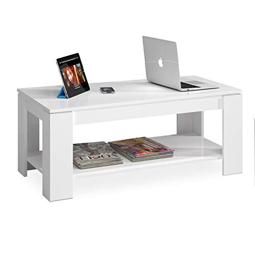 Mesa Centro con revistero, Mesa elevable, mesita Mueble Salon Comedor Acabado en Blanco Artik, Medidas: 102 cm (Largo) x 43/54 cm (Alto) x 50 cm (Fondo)