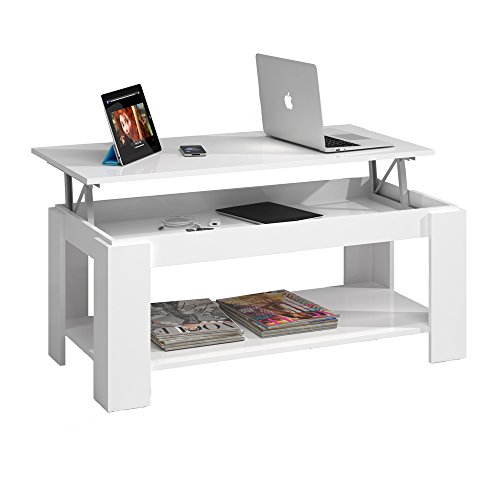 Mesa Centro con revistero, Mesa elevable, mesita Mueble Salon Comedor Acabado en Blanco Artik, Medidas: 102 cm (Largo) x 43/54 cm (Alto) x 50 cm (Fondo)