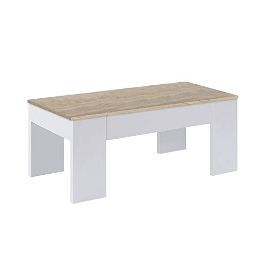 Mesa de Centro Elevable, Mesita de Salón o Comedor, Modelo LC, Acabado en Color Blanco Artik y Roble Canadian, Medidas: 100 cm (Ancho) x 50 cm (Fondo) x 45-56 cm (Alto)