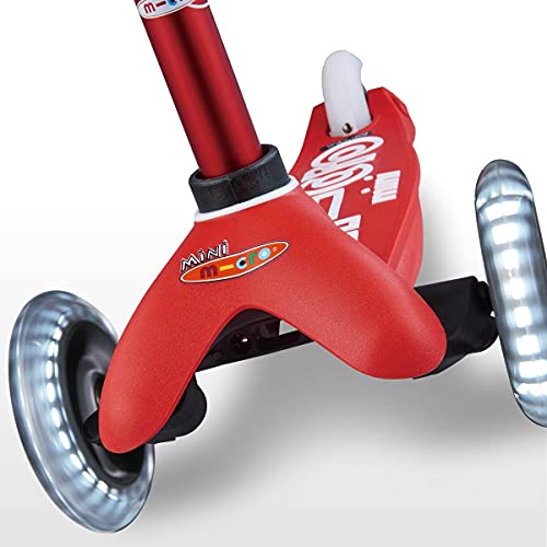 Micro® Mini Deluxe LED, Original Design 2-5 Años, Peso 1,95kg, Carga Máx 50Kg, Altura 48-68 cm, Patinete 3 Ruedas con iluminación LED, Rodamientos ABEC9, Plataforma Antideslizante (Rojo, Única)