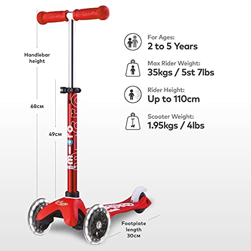 Micro® Mini Deluxe LED, Original Design 2-5 Años, Peso 1,95kg, Carga Máx 50Kg, Altura 48-68 cm, Patinete 3 Ruedas con iluminación LED, Rodamientos ABEC9, Plataforma Antideslizante (Rojo, Única)