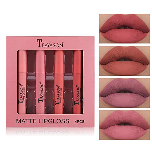 Mimore Mate Líquido Pintalabios Lápiz labial Conjunto 4 Traje Suave felpa mate impermeable Brillo de labios Duradero Copa antiadherente lápiz labial Kit de maquillaje Lip Glaze (A)