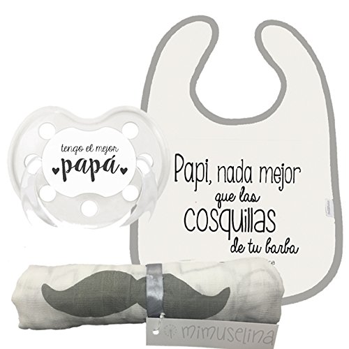 Mimuselina Pack Regalo Día del Padre | Regalo para Papás y Bebés, Muselina Algodón, Chupete y Babero para Papi y Bebé, regalo original para Papás Primerizos