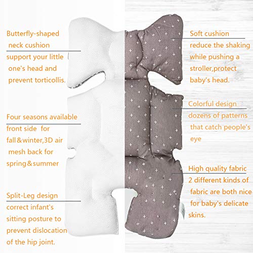 Miracle Baby Cojín Carro Bebe,Colchoneta Silla Paseo Universal,Colchoneta Silla Paseo Transpirable 100% Algodón,Colchoneta Silla Bebe Uso de Doble Cara para Bebe,70 * 38cm，Cruz gris