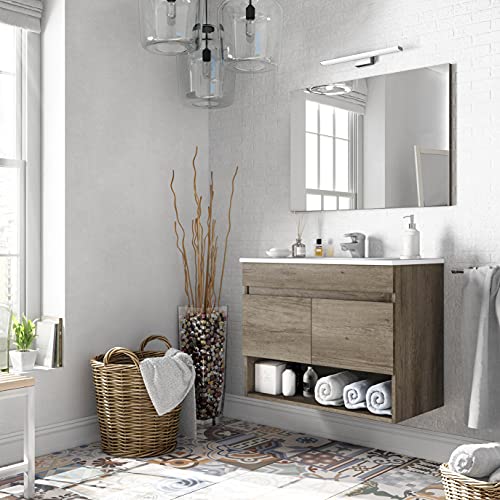 Miroytengo Mueble Lavabo suspendido Que Incluye Espejo Mueble baño de Dos Puertas y Hueco Abierto 80x45x64 cm con LAVAMANOS PMMA