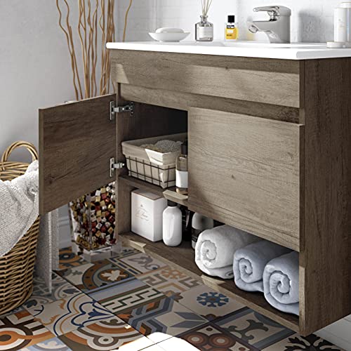 Miroytengo Mueble Lavabo suspendido Que Incluye Espejo Mueble baño de Dos Puertas y Hueco Abierto 80x45x64 cm con LAVAMANOS PMMA