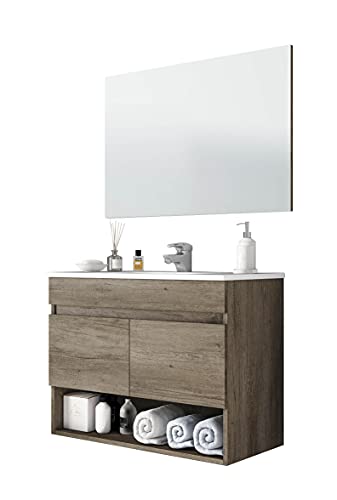 Miroytengo Mueble Lavabo suspendido Que Incluye Espejo Mueble baño de Dos Puertas y Hueco Abierto 80x45x64 cm con LAVAMANOS PMMA