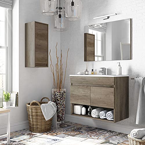 Miroytengo Pack mobiliario baño con Mueble, Espejo, Lavabo de cerámica y Armario Auxiliar diseño Moderno