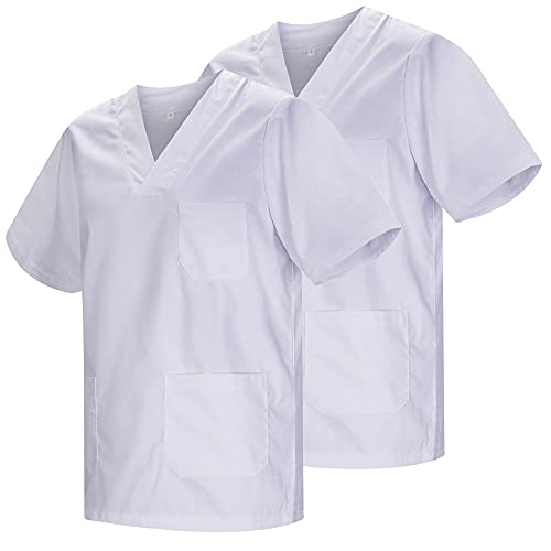 MISEMIYA - Pack*2 - Casaca Sanitarios Unisex Uniformes Sanitarios Cuello Pico Mangas Cortas Uniformes Laboratorios - Ref.817 * 2 - M, Blanco