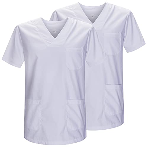 MISEMIYA - Pack*2 - Casaca Sanitarios Unisex Uniformes Sanitarios Cuello Pico Mangas Cortas Uniformes Laboratorios - Ref.817 * 2 - M, Blanco