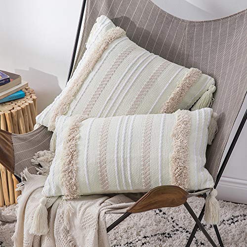 MIULEE Funda de Cojín Jacquard con Geometría con Flecos Fundas de Almohada Bohemia Decorativa Moderna Suave para Sofá Silla Cama Sala de Estar Dormitorio Oficina 1 Pieza 30x50 cm Blanco y Caqui