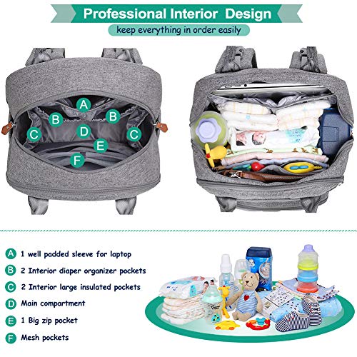 Mochila de pañales, Bolsas unisex para bebés con cambiador, bolsillos aislados y soporte para chupete, Mochila de viaje multifuncional grande de WELAVILA para mamá y papá (Gris)