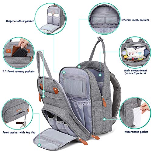 Mochila de pañales, Bolsas unisex para bebés con cambiador, bolsillos aislados y soporte para chupete, Mochila de viaje multifuncional grande de WELAVILA para mamá y papá (Gris)