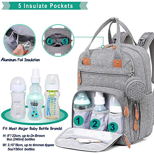 Mochila de pañales, Bolsas unisex para bebés con cambiador, bolsillos aislados y soporte para chupete, Mochila de viaje multifuncional grande de WELAVILA para mamá y papá (Gris)