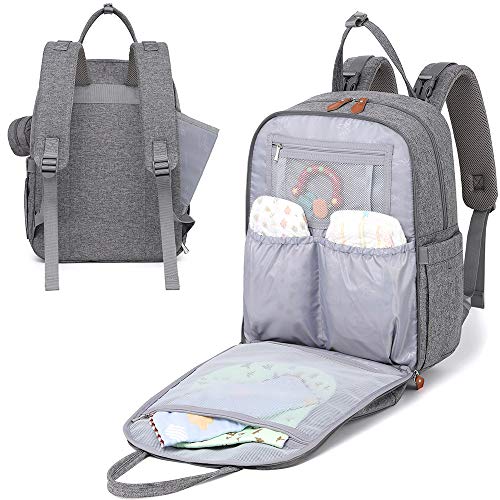 Mochila de pañales, Bolsas unisex para bebés con cambiador, bolsillos aislados y soporte para chupete, Mochila de viaje multifuncional grande de WELAVILA para mamá y papá (Gris)