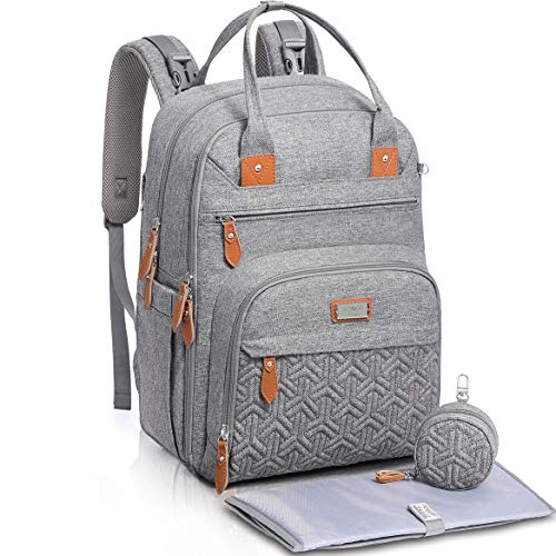 Mochila de pañales, Bolsas unisex para bebés con cambiador, bolsillos aislados y soporte para chupete, Mochila de viaje multifuncional grande de WELAVILA para mamá y papá (Gris)