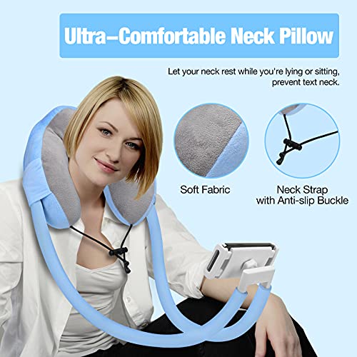 MoKo 2 en 1 Soporte Móvil Almohada para Cuello, Soporte Flexible con Brazo de Cuello Ajustable 360 Grado, 5.5-11'' Soporte para Teléfono Tableta Almohada Cervical de Viaje en Coche Avión - Azul