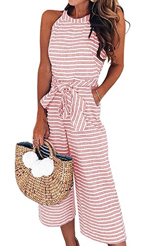 Mono Largo Mujer Verano Casual Raya Vendaje en Cintura Alta con Bosillo Hombro Descubierto Sin Manga Cuello Colgante Casual Oficina Piernas Anchas (D, M)