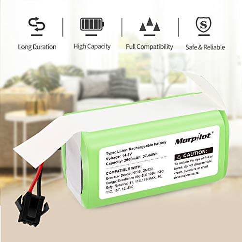 morpilot Batería 14.4V 2600mah Litio, Compatible con Conga Excellence y Conga Excellence 990 950 1090, DEEBOT N79S N79, Eufy RoboVac 11 11S 11S Max 15C 30C 30 MAX, IKOHS NETBOT S14 S15, Con un Cepillo