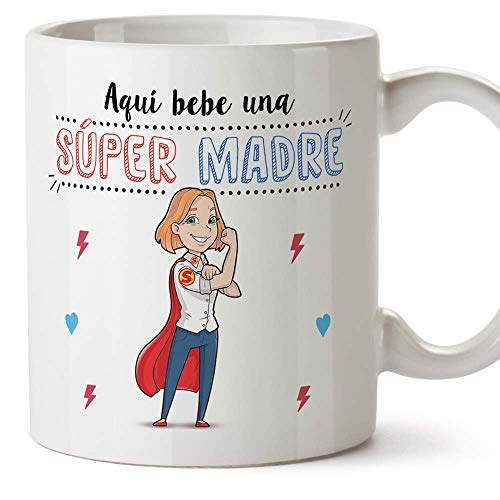 MUGFFINS Tazas Mama para Madres - AQUÍ Bebe UNA Super Madre - Taza Desayuno Original 350 ml - Idea Regalo para el día de la Madre