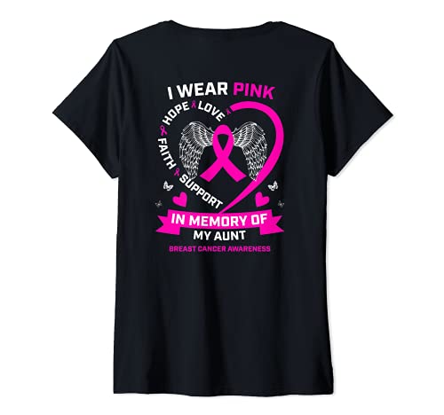 Mujer I Wear Pink In Memory Of Tía Gráfico de cáncer de mama en la espalda Camiseta Cuello V