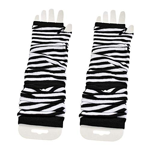 Mujeres Knit Oversleeve Calentador de brazo de punto Rayas blancas y negras Estirar hasta el codo Guantes sin dedos Agujero para el pulgar Guantes elásticos Manga del brazo