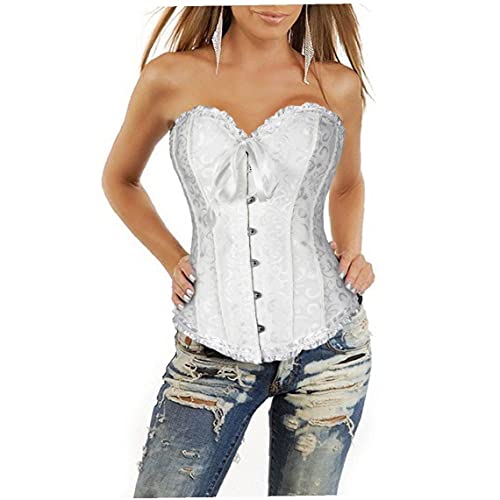 Mujeres Sexy Corsé De Encaje Deshuesado Overbust Bustier Lencería Bodyshaper Top White M