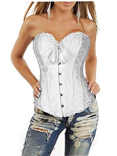 Mujeres Sexy Corsé De Encaje Deshuesado Overbust Bustier Lencería Bodyshaper Top White M