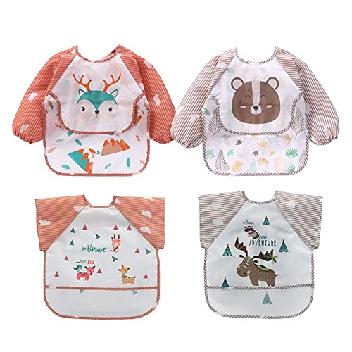 MUMO Babero con mangas impermeables para niños de 6 a 36 meses, juego de baberos para bebés de 4 piezas, 2 mangas largas y 2 mangas cortas, delantal para jugar/pintar y comer