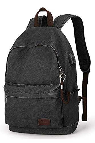 Muzee Mochila de Lona,Mochila Antirrobo Mochila Escolar Viaje Mochila de Lona Apto para portátil de 15,6 Pulgadas,Mochila Hombre para Laptop Mochila Mujer,con Puerto de Carga USB,Negro