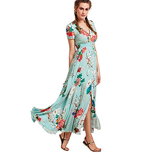 N-B Vestido Mujer Verano 2021 Bohemia Mangas Corta Talla Grande Verde Casual Playa Largos Originales Tie Dye Dibujos de Floral en V -Cuello Elegantes Chica Tenedor partido Vestido Falda Ropa