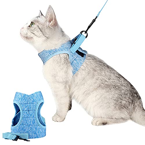 NA - Juego de arnés y correa para gatos ultraligeros y acolchados, diseño de gatito, tela catiónica, sin tirón, ajustable para cachorros, correr, gato, chaqueta para caminar, 1 unidad, color azul